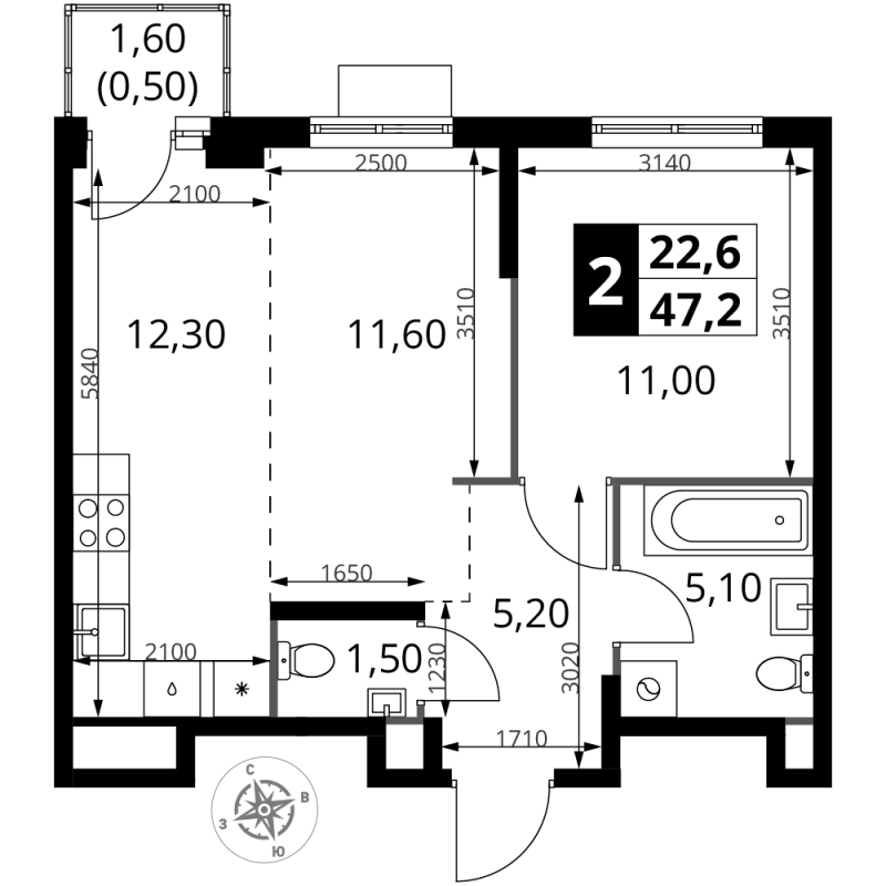 2 ккв (Евро) 47,2 м²