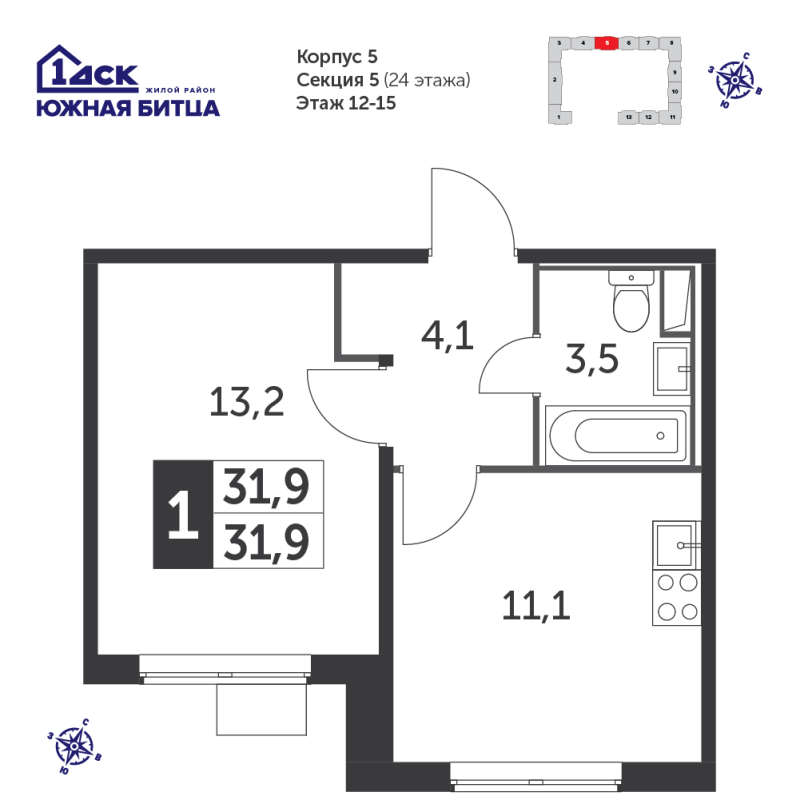 1 ккв 31,8 м²