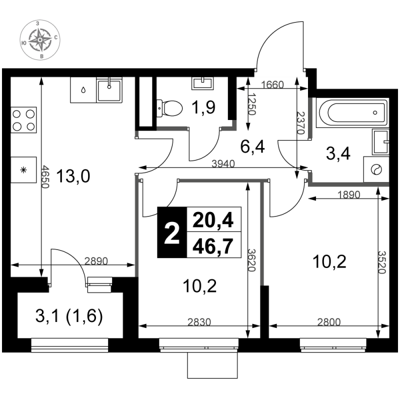 2 ккв 46,7 м²