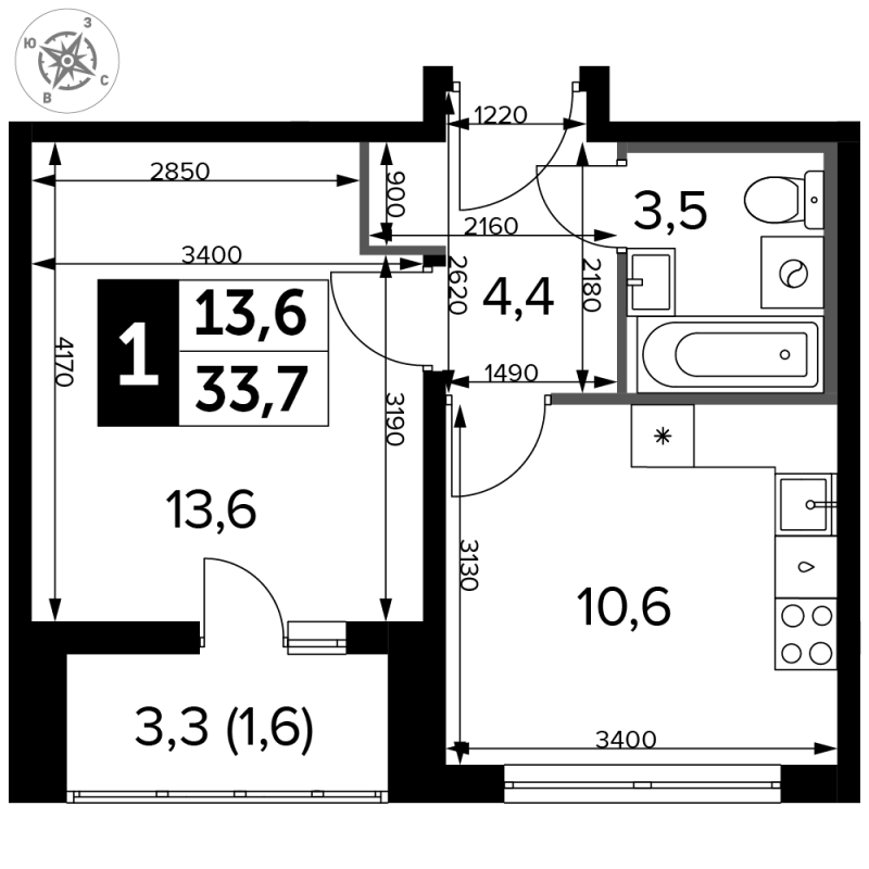 1 ккв 34,1 м²