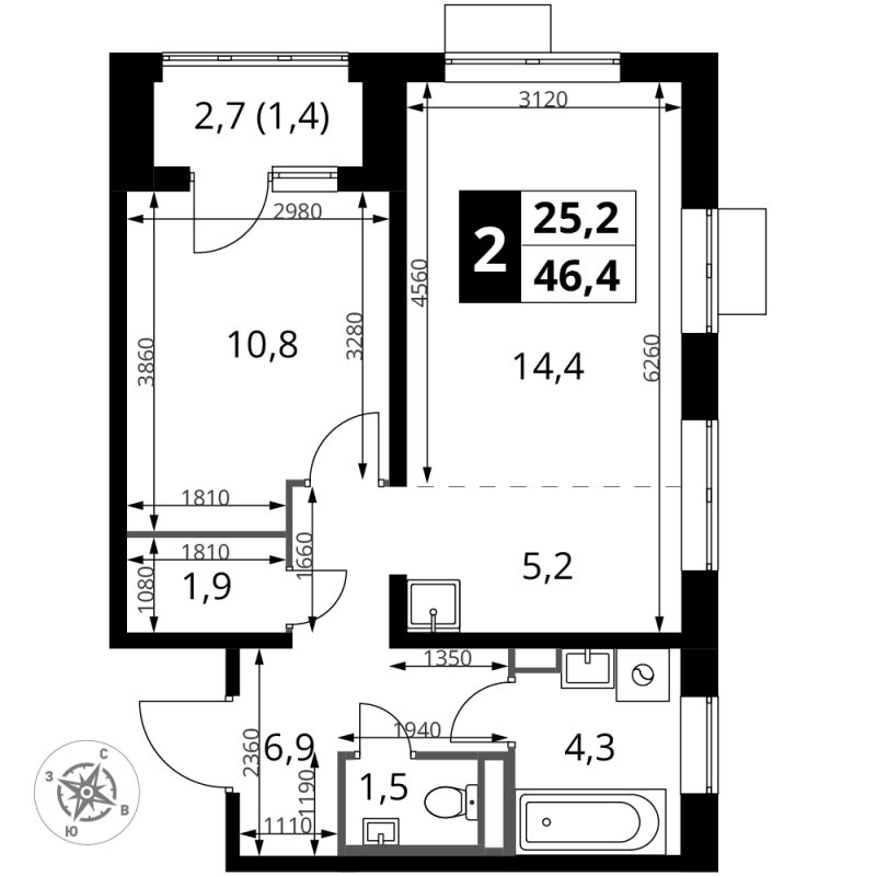 2 ккв (Евро) 46,4 м²