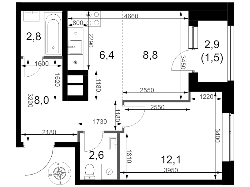 2 ккв (Евро) 42,2 м²