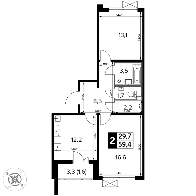 2 ккв 59,4 м²