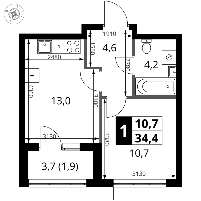 1 ккв 34,4 м²