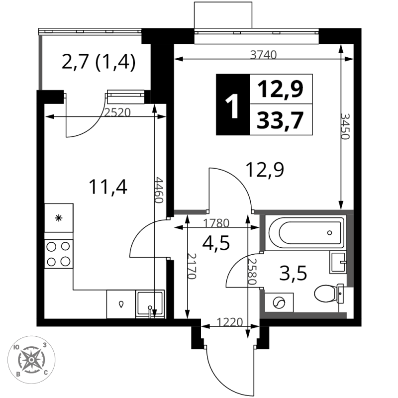 1 ккв 33,7 м²