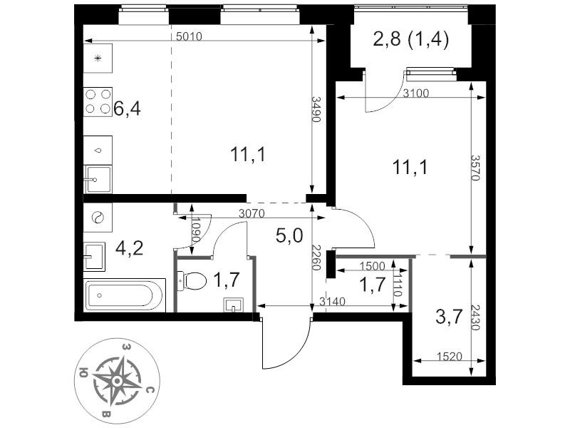 2 ккв (Евро) 46,3 м²