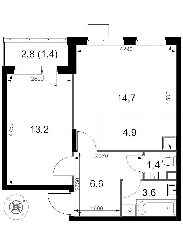 2 ккв (Евро) 45,8 м²