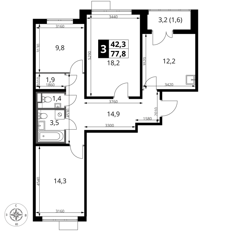 3 ккв 77,8 м²