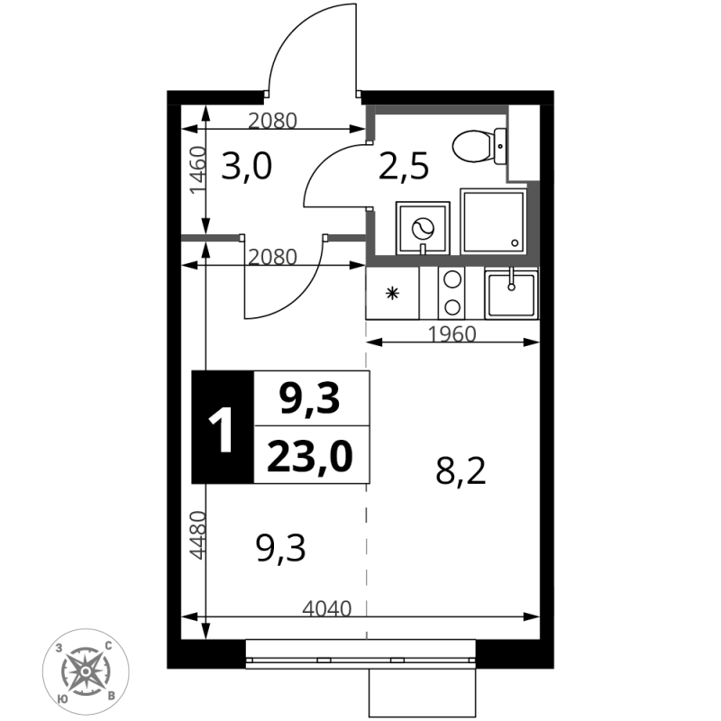 Студия 23 м²