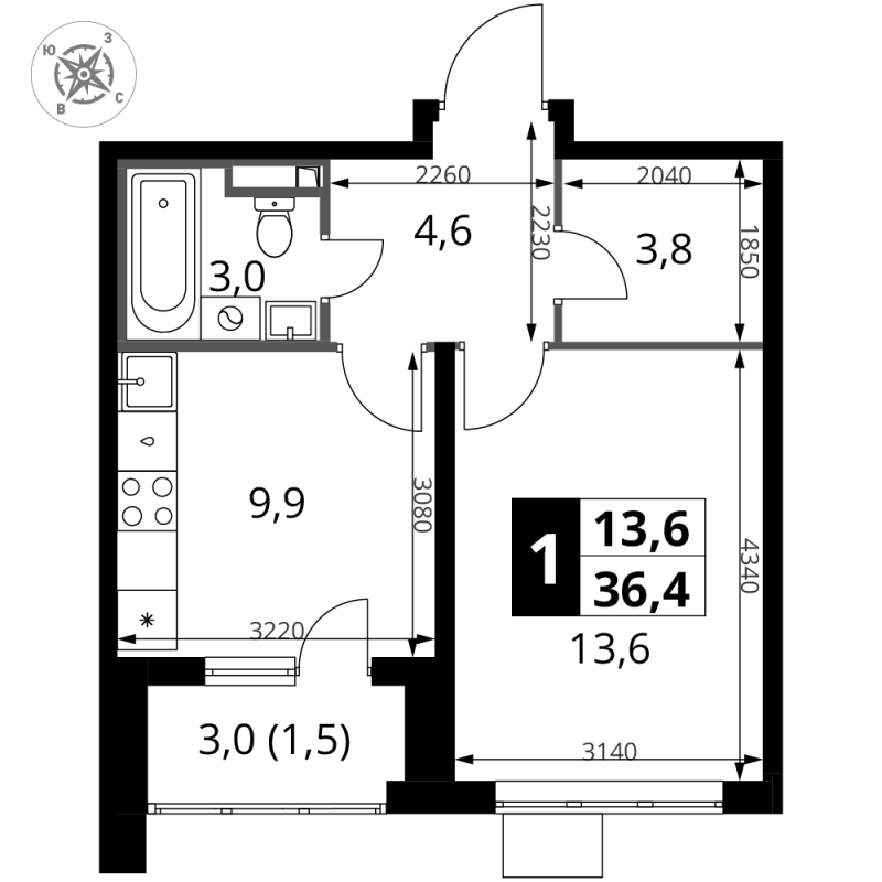 1 ккв 36,4 м²