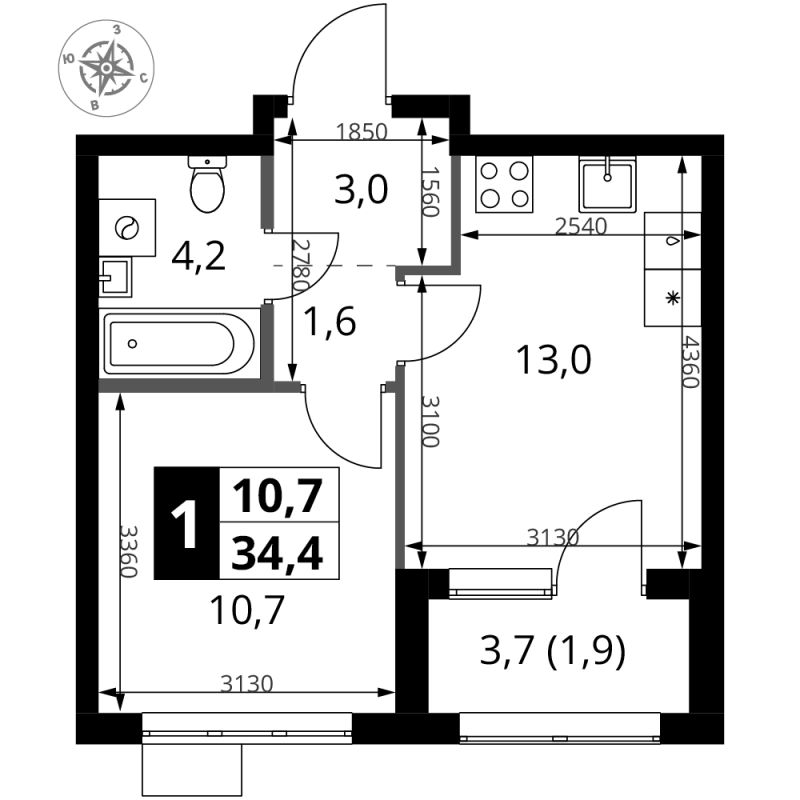 1 ккв 34,4 м²