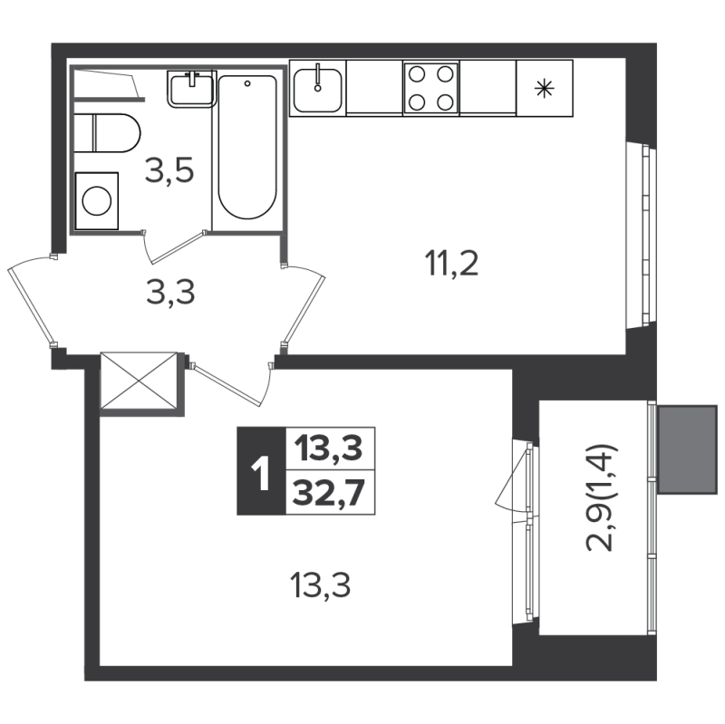 1 ккв 32,6 м²