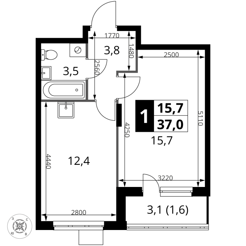 1 ккв 37 м²