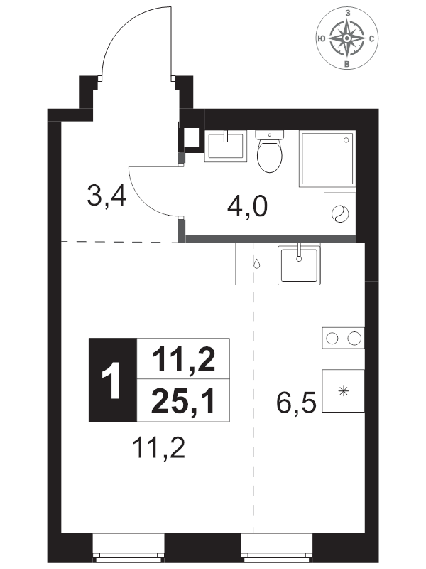 Студия 25,1 м²
