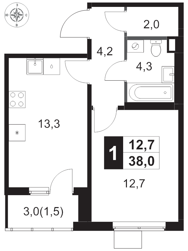 1 ккв 38 м²