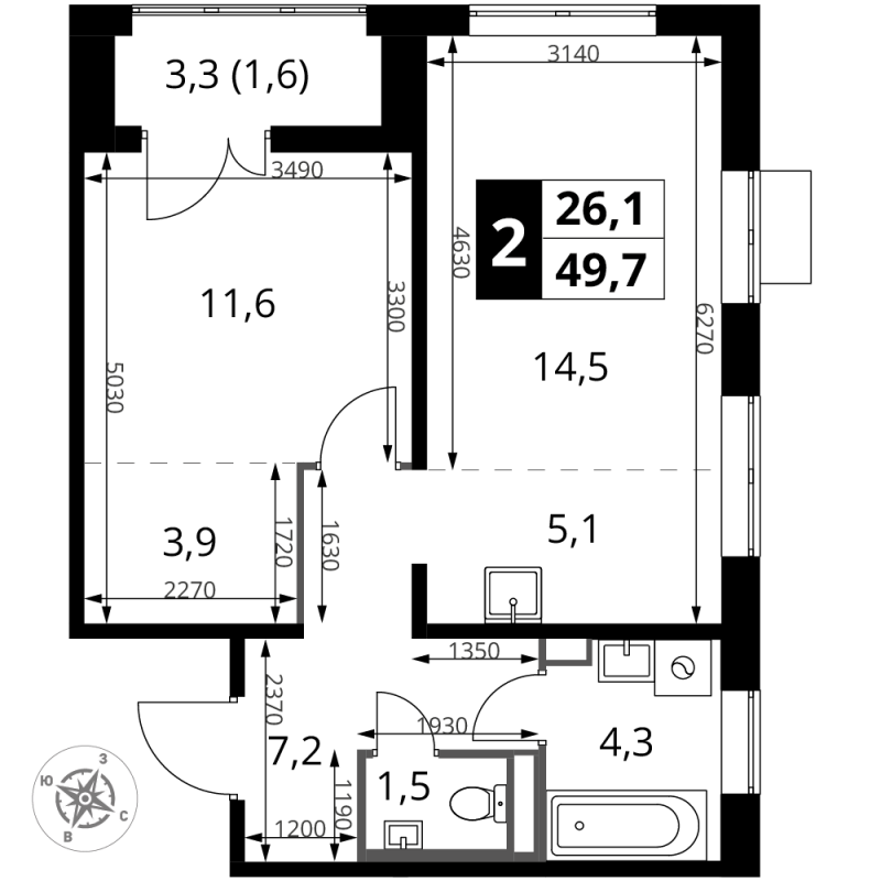 2 ккв (Евро) 49,7 м²