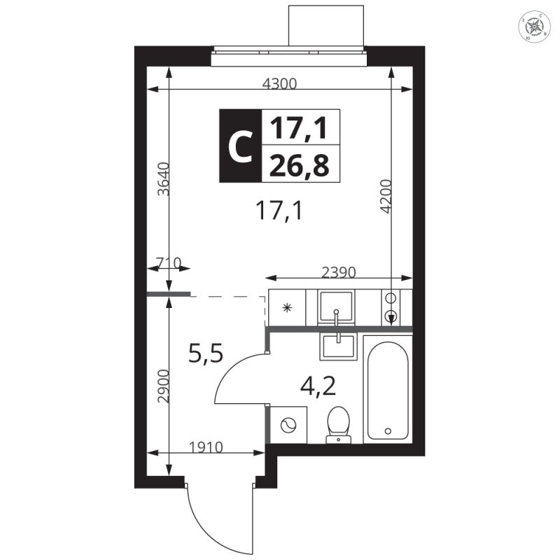 Студия 26,8 м²