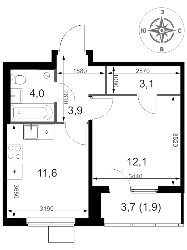 1 ккв 36,6 м²