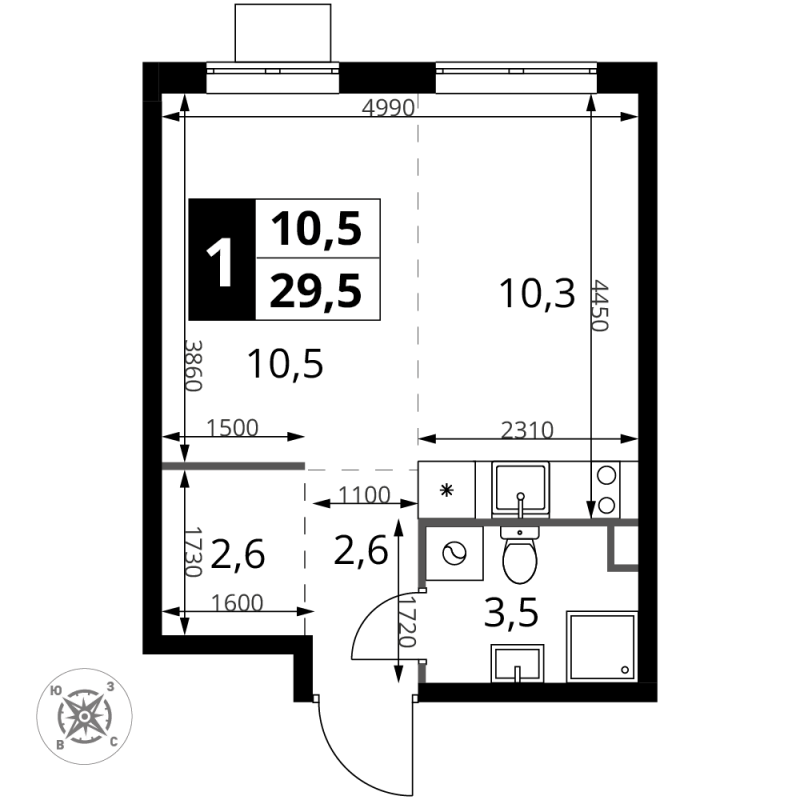 Студия 29,5 м²