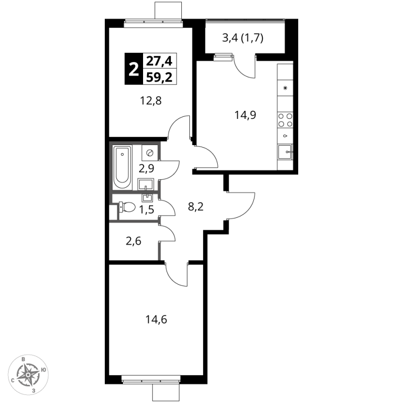 2 ккв 59,2 м²