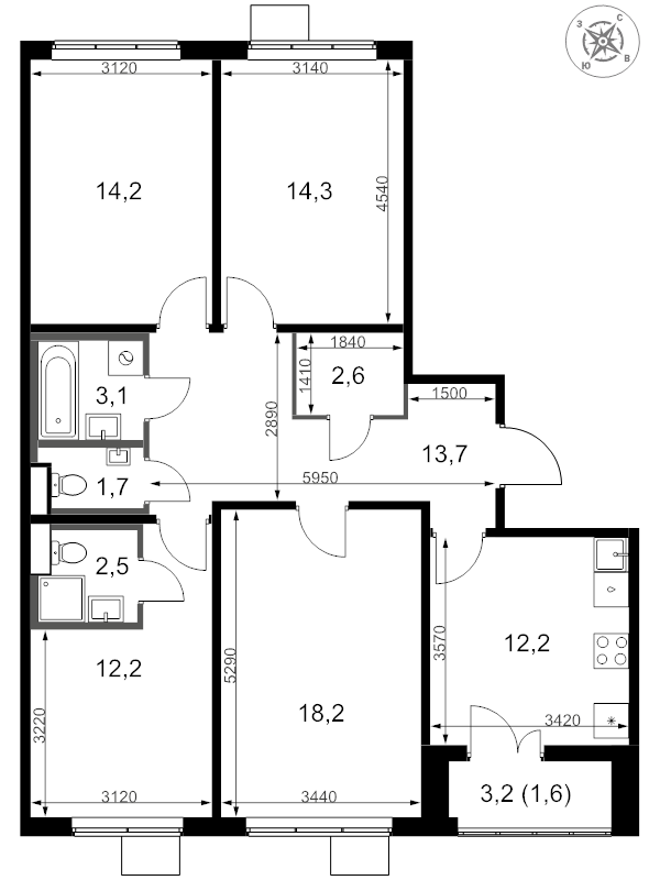 4 ккв 96,3 м²