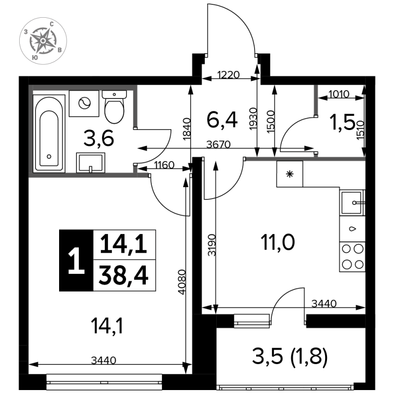 1 ккв 38,7 м²