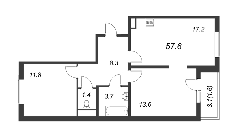 3 ккв (Евро) 57,3 м²