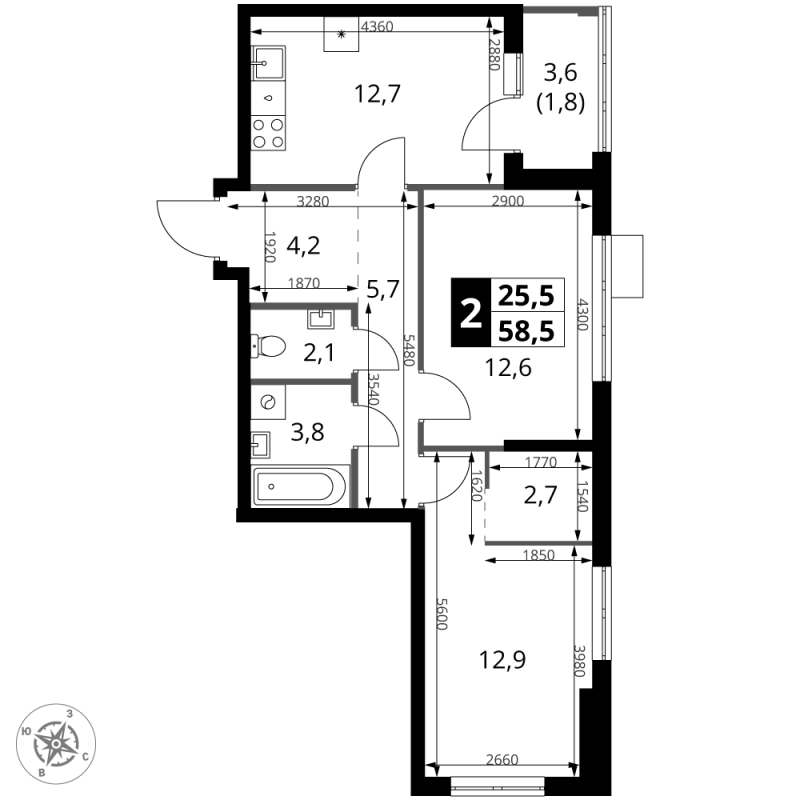 2 ккв 58,5 м²