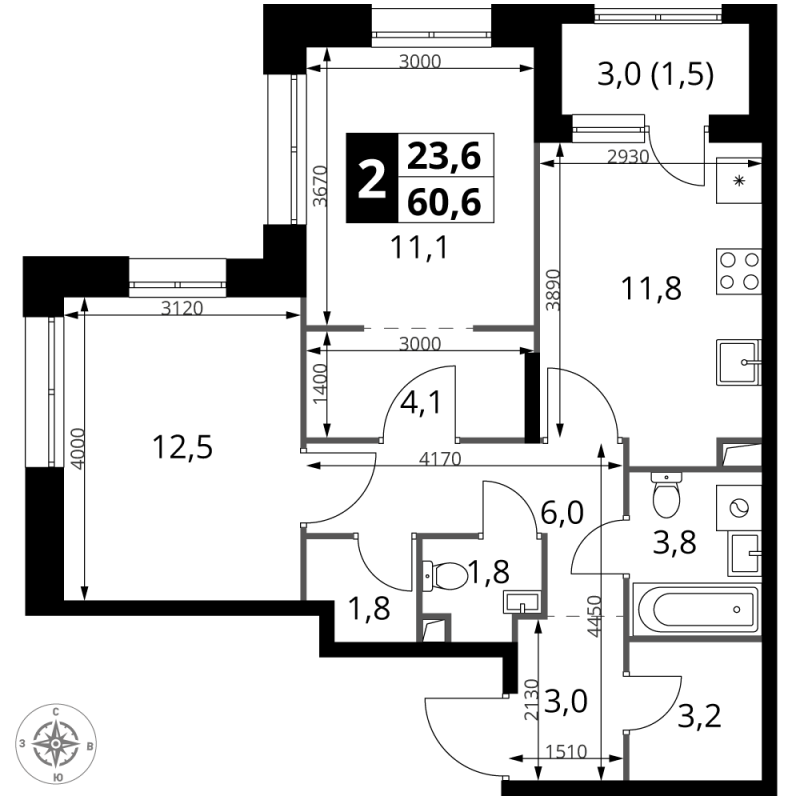 2 ккв 60,6 м²