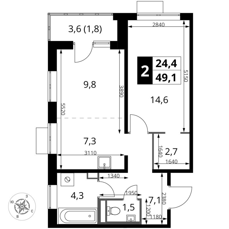 2 ккв (Евро) 49,1 м²