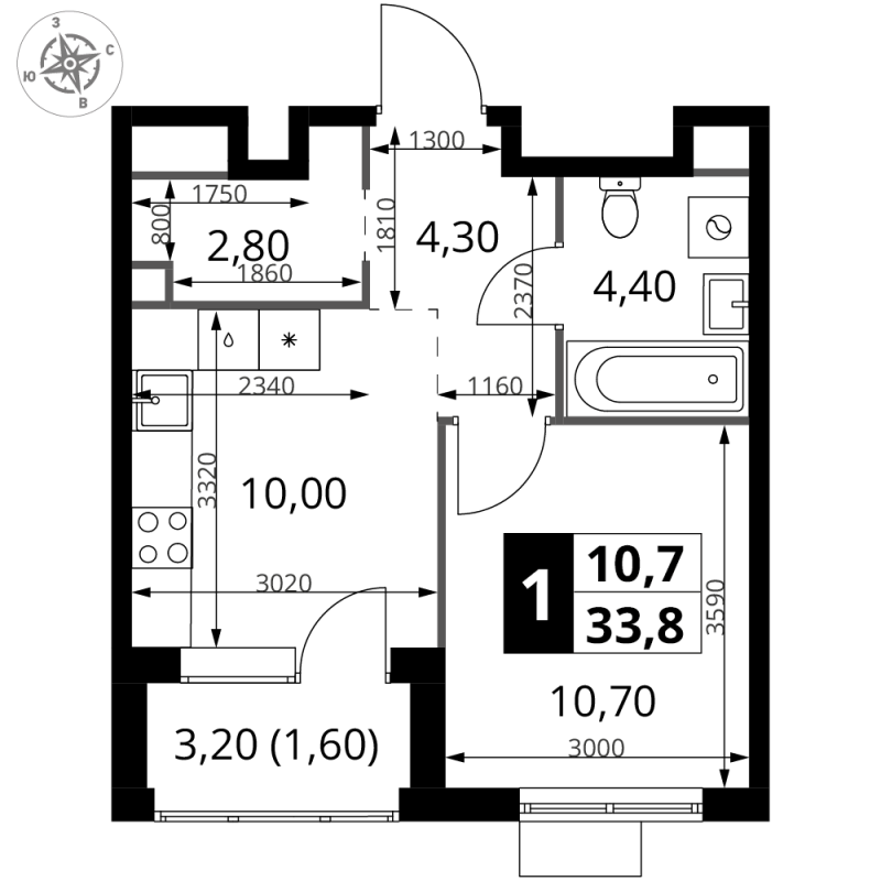 1 ккв 33,8 м²