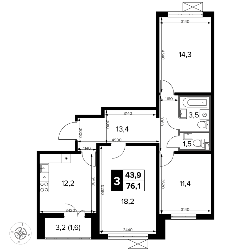 3 ккв 76,1 м²
