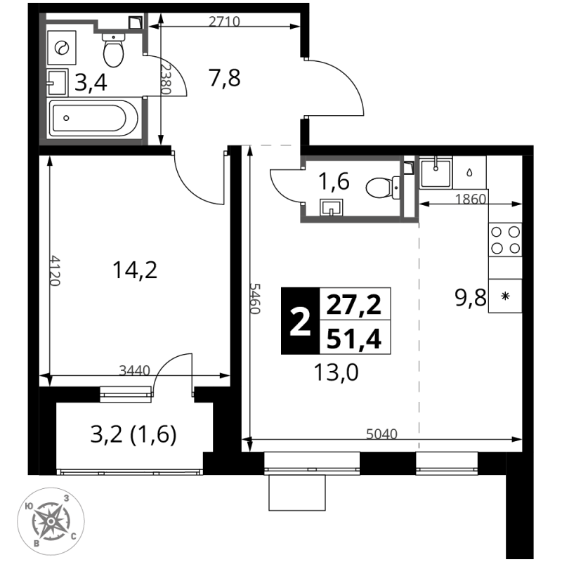 2 ккв (Евро) 51,4 м²