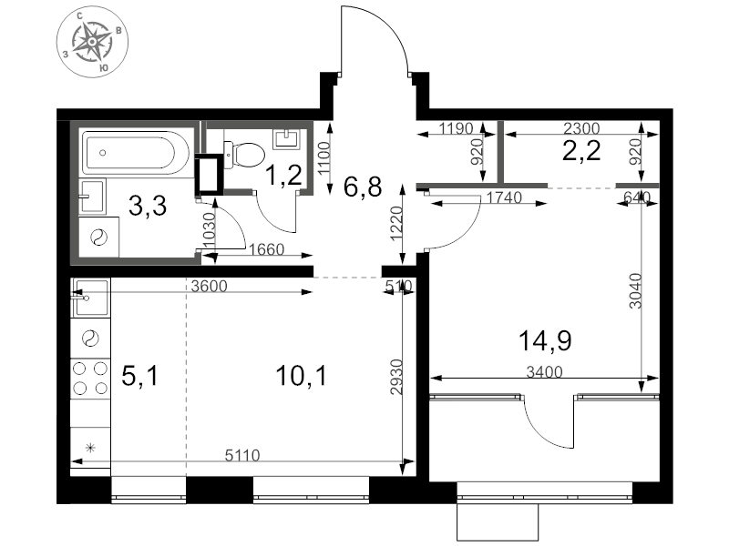 2 ккв (Евро) 43,6 м²