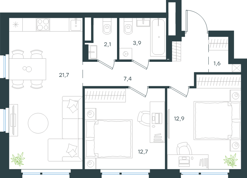 3 ккв (Евро) 62,3 м²