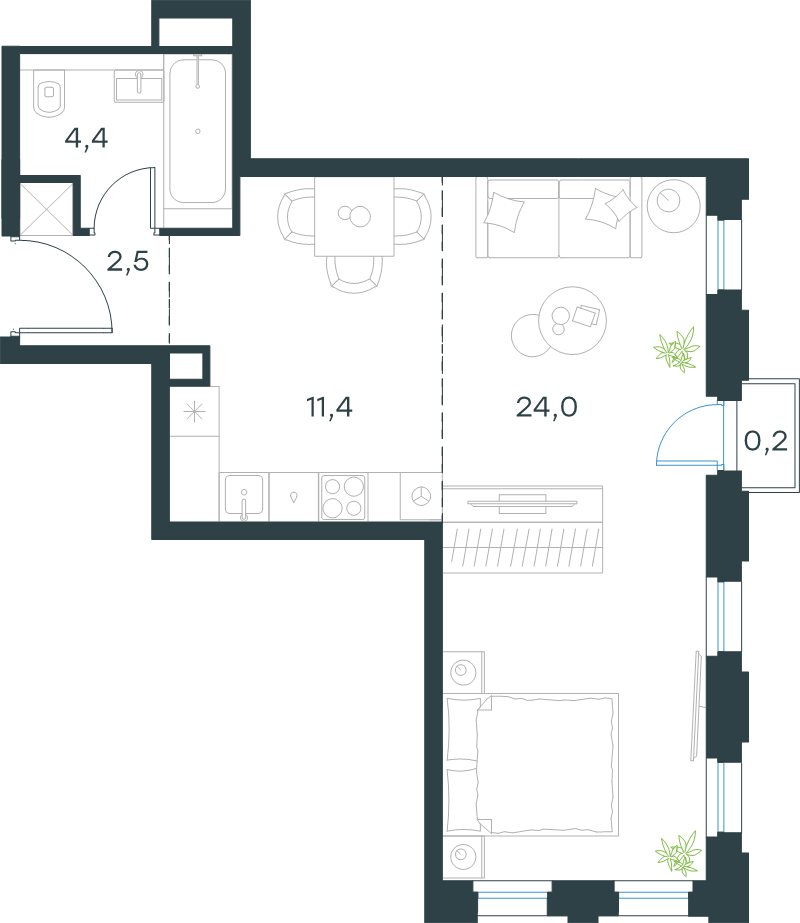 Студия 42,5 м²