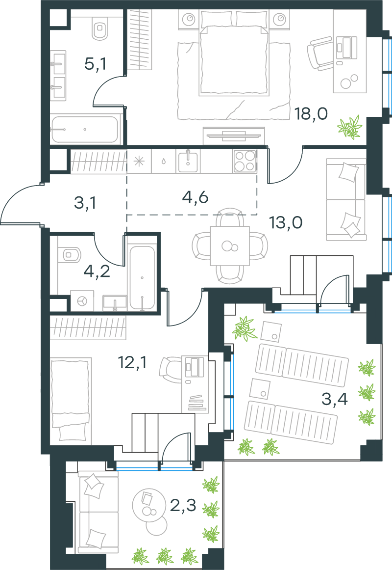 3 ккв (Евро) 65,8 м²