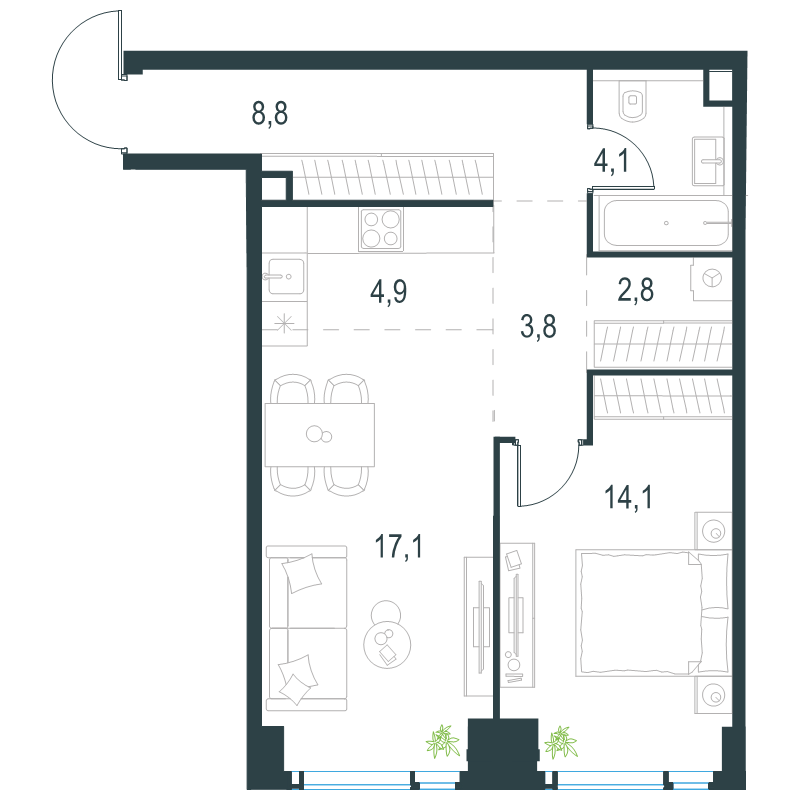 2 ккв (Евро) 55,7 м²