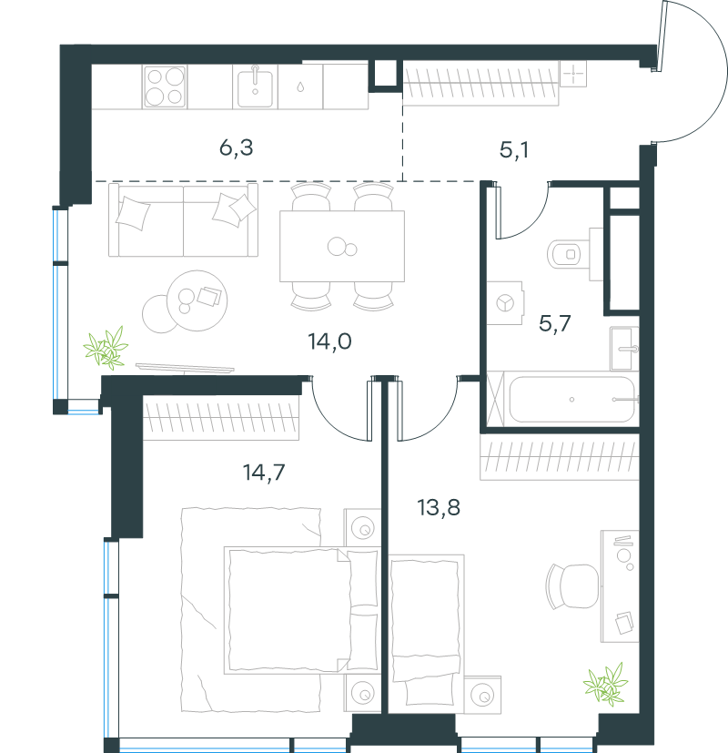 3 ккв (Евро) 59,6 м²