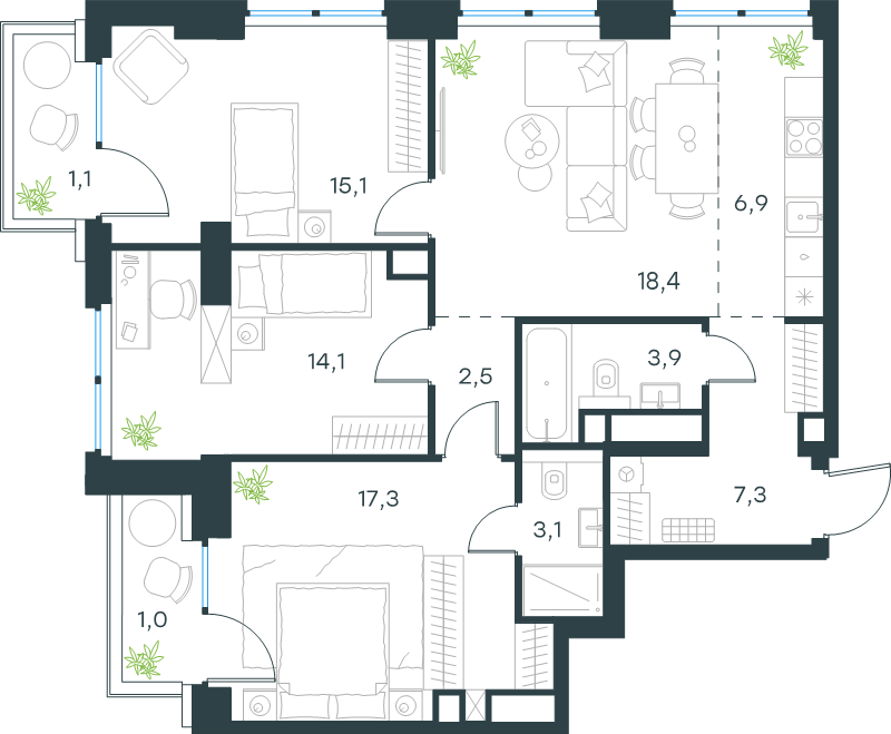 4 ккв (Евро) 90,7 м²