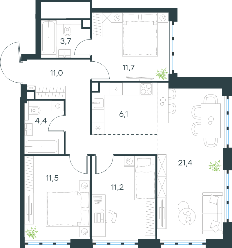 4 ккв (Евро) 81 м²