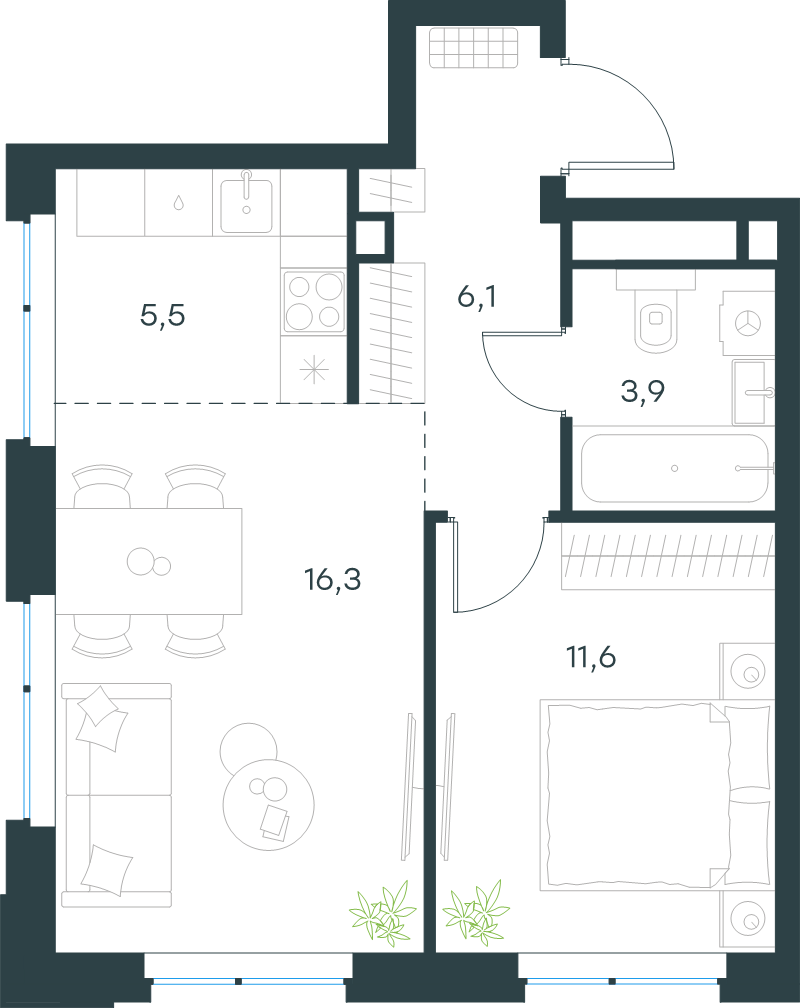 2 ккв (Евро) 43,4 м²