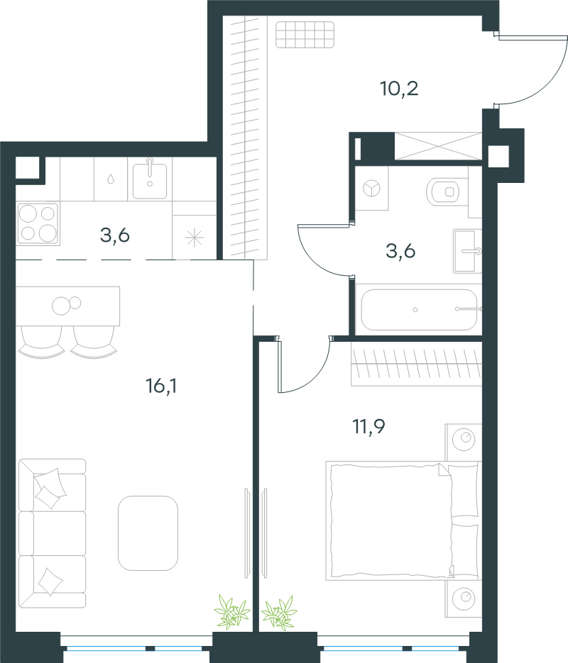2 ккв (Евро) 45,4 м²