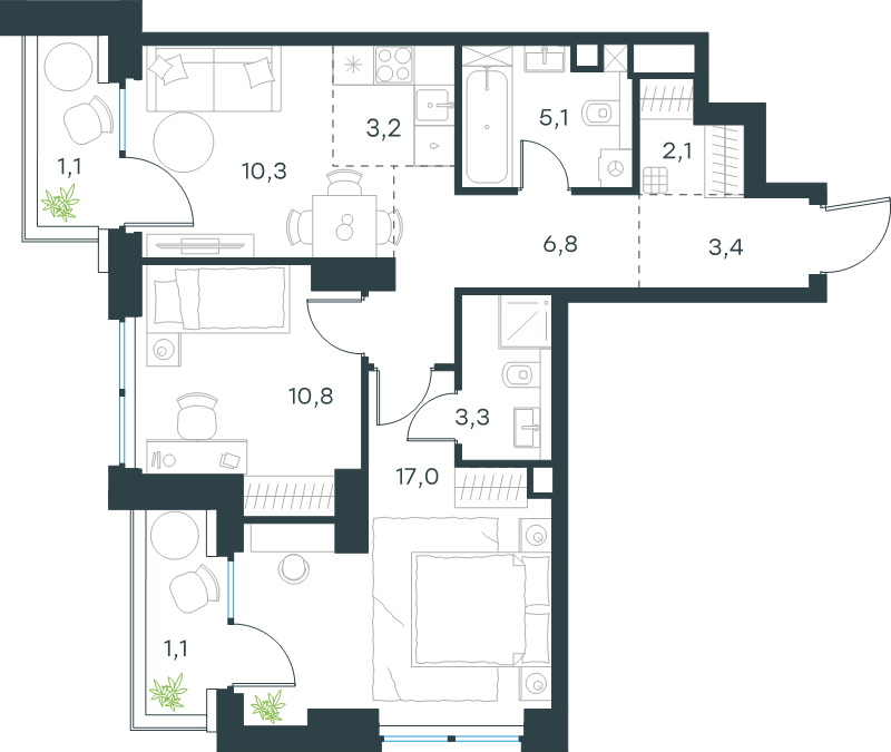 3 ккв 64,2 м²