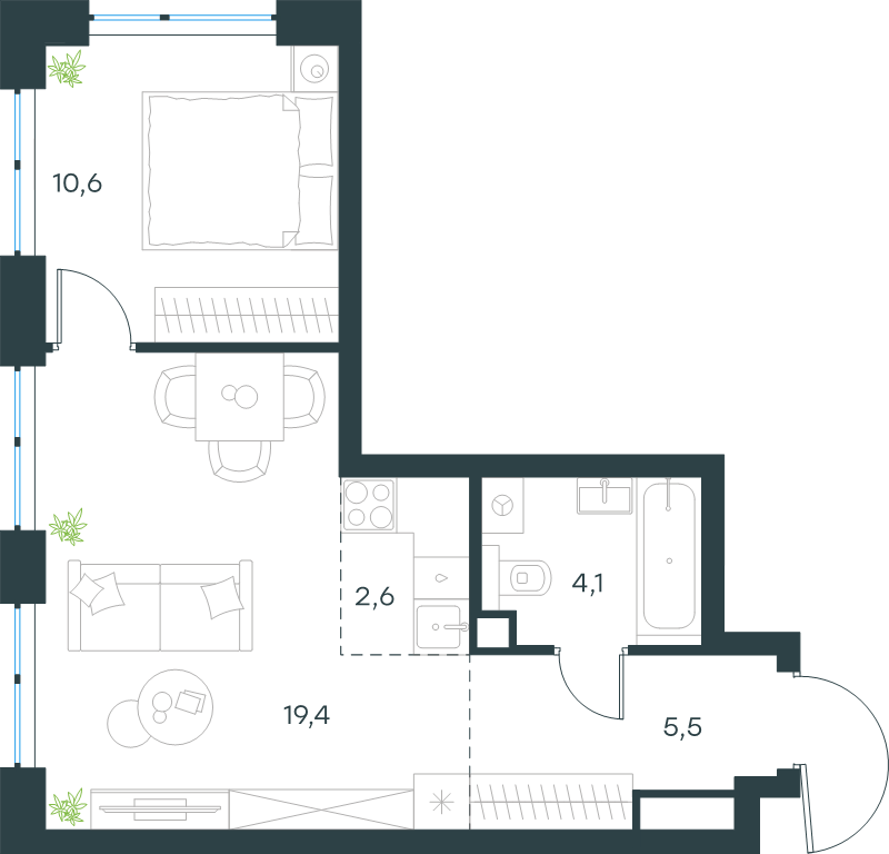2 ккв (Евро) 42,2 м²