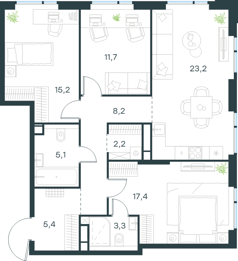 4 ккв (Евро) 91,7 м²