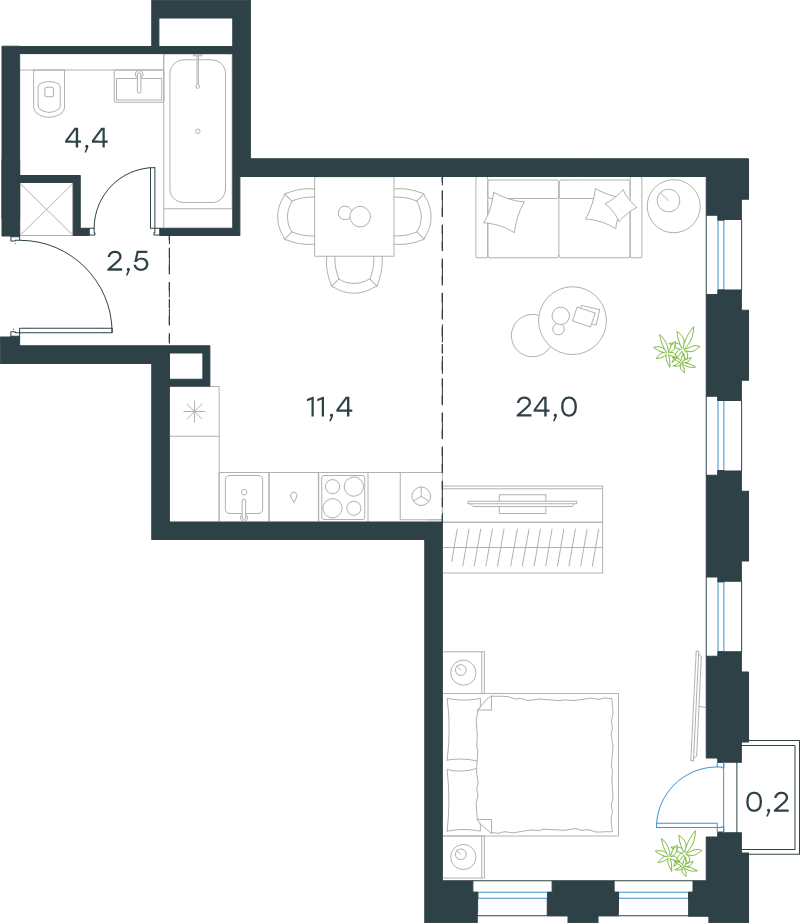 Студия 42,5 м²