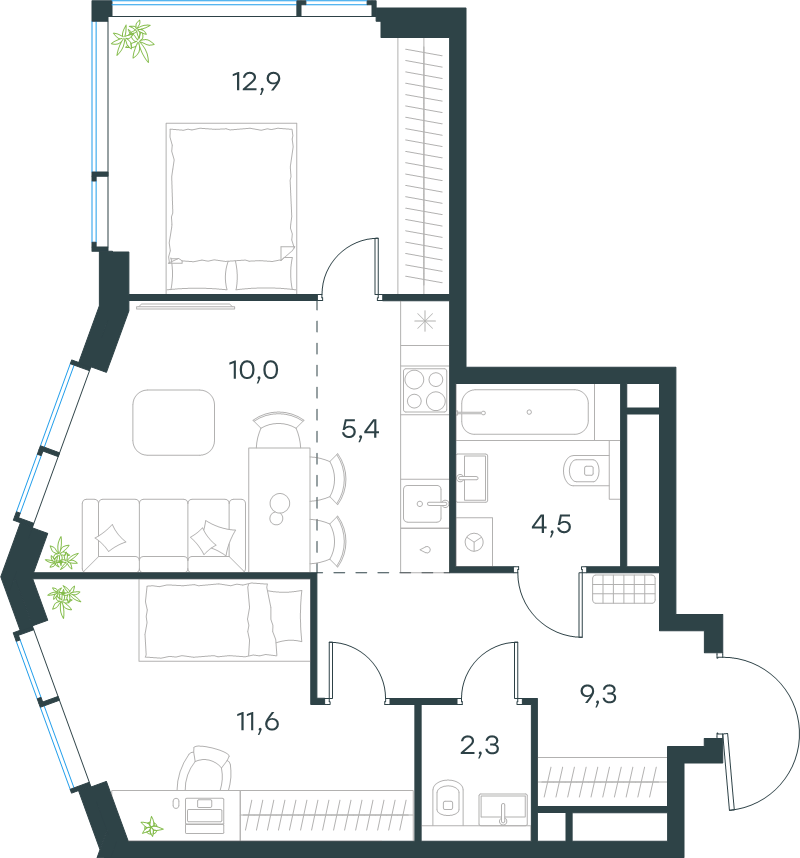 3 ккв (Евро) 56 м²