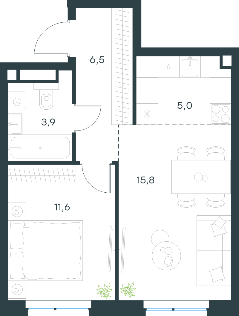 2 ккв (Евро) 42,8 м²