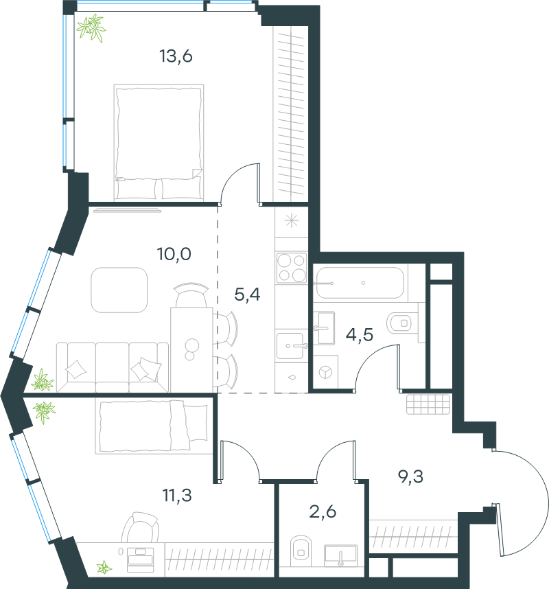 3 ккв (Евро) 56,7 м²